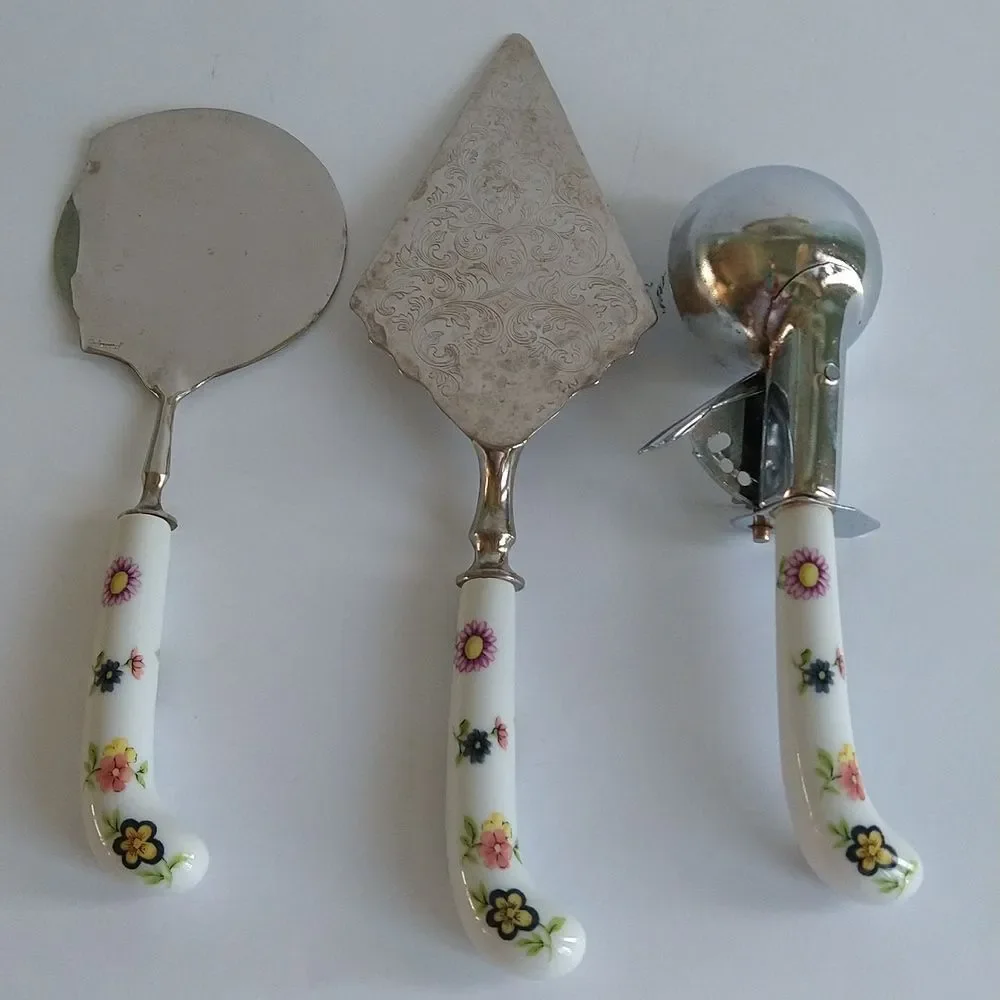 Vintage Raimond Silver Plate Serving Set Porcelain Floral Cake Ice Cream Cheese
